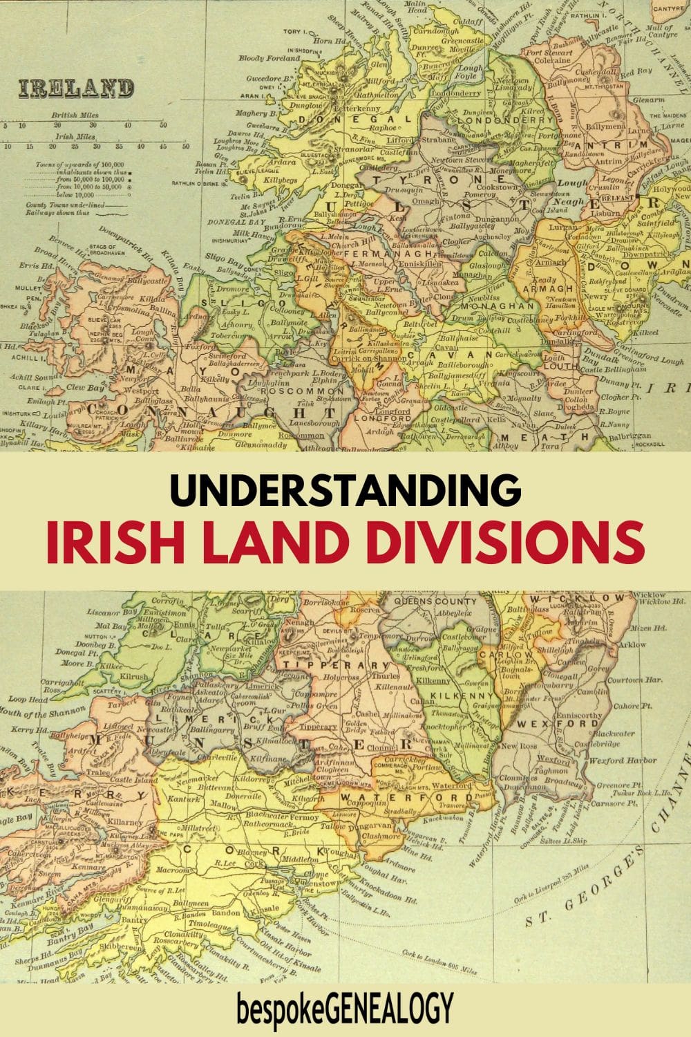 Understanding Irish land divisions. 19th century county map of Ireland.