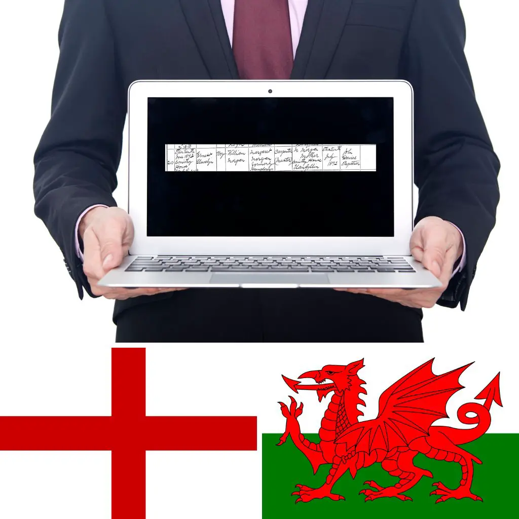 Man holding open laptop with a birth record showing on the screen. Below this image are the flags of England and Wales.